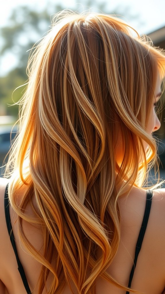 A close-up view of wavy strawberry blonde hair with highlights, showcasing a vibrant mix of red and blonde tones.
