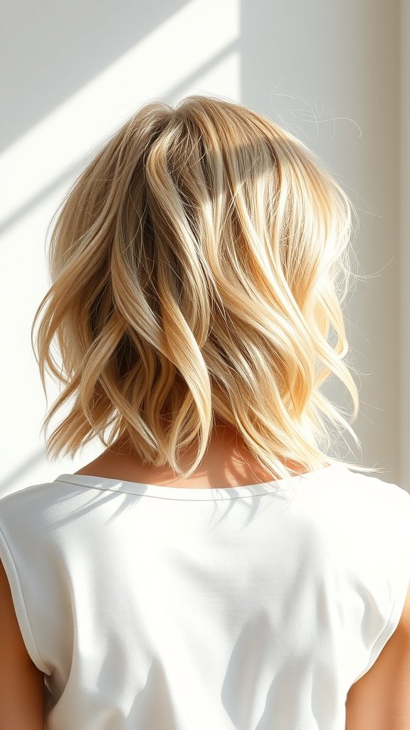 A back view of a sun-kissed blonde shag haircut with loose curls, showcasing its vibrant texture and movement.