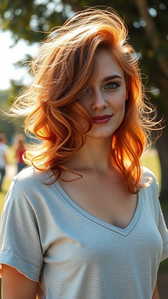 A woman with sunshine tinged auburn curls, smiling in a sunny outdoor setting.