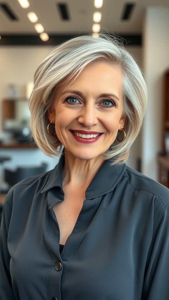 A woman over 70 with a textured bob hairstyle and side part, smiling confidently.