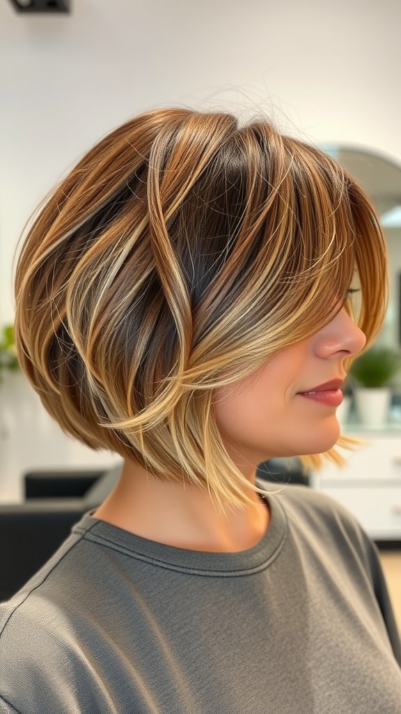 A woman with a textured box bob hairstyle featuring soft waves, showcasing a modern and chic look.