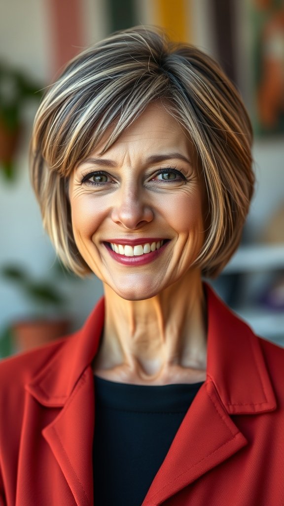 A woman with a textured chin-length bob hairstyle, smiling confidently.