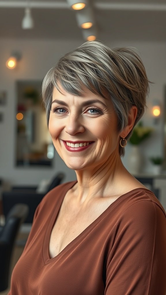 A woman with a textured pixie bob hairstyle and short bangs, smiling confidently.