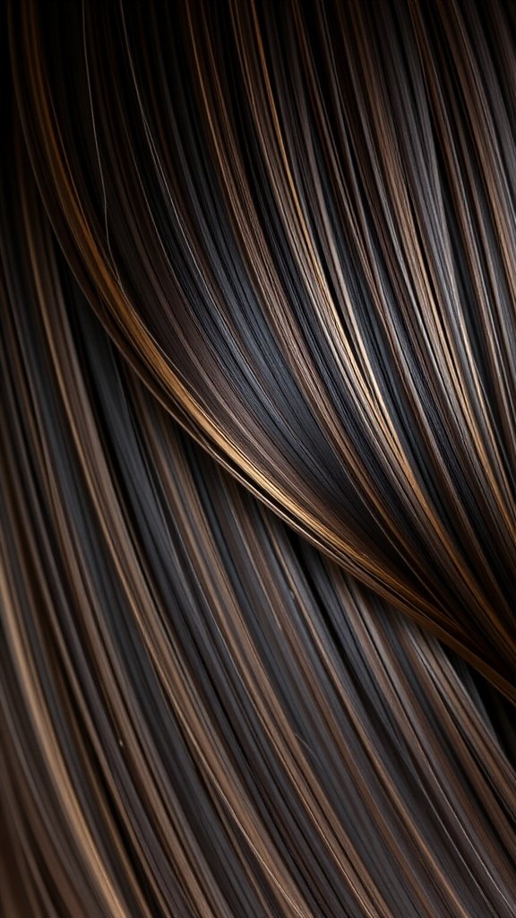 Close-up of sleek espresso hair with toffee caramel highlights