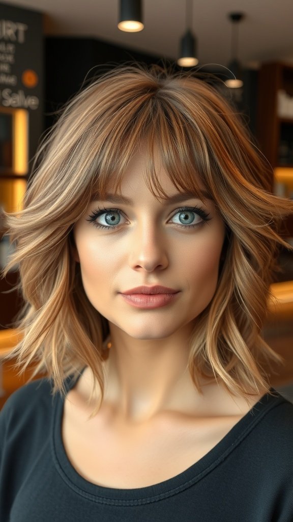 A woman with a tousled lob hairstyle and light fringe, showcasing a soft and feminine look.