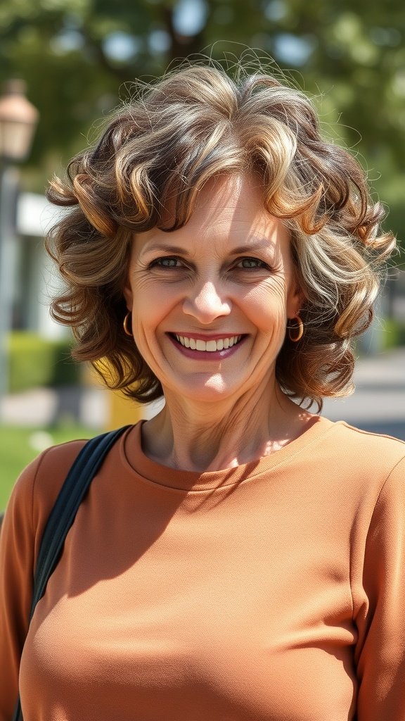 A woman with medium-length curly shag hairstyle, smiling outdoors.