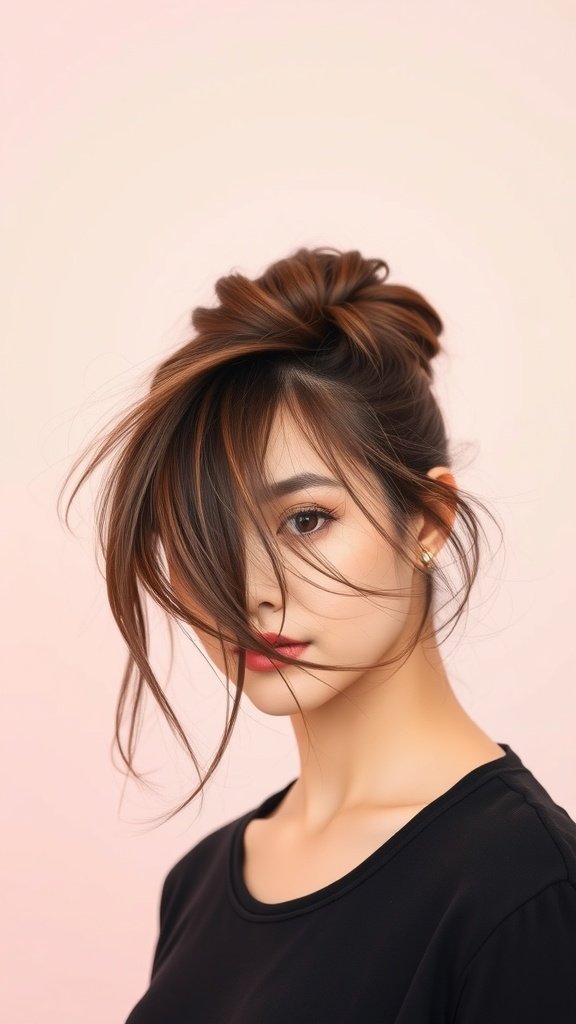 A woman with a twisted messy bun hairstyle, featuring loose strands framing her face.