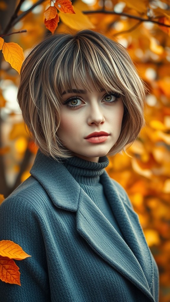 A woman with voluminous curtain bangs and short hair, wearing a turtleneck, surrounded by autumn leaves.