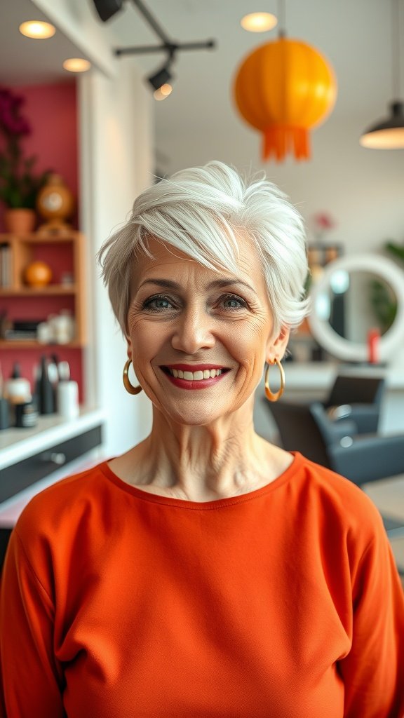 A smiling older woman with a pixie haircut featuring angular sides, wearing an orange top and statement earrings.