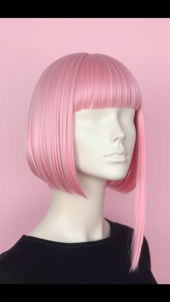 A mannequin displaying a rosy pink blunt cut hairstyle with straight bangs.