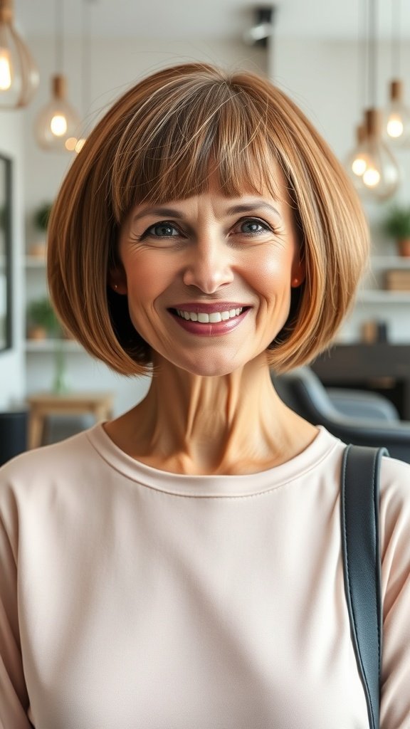 A woman with a smooth textured bowl cut, smiling confidently in a modern interior.