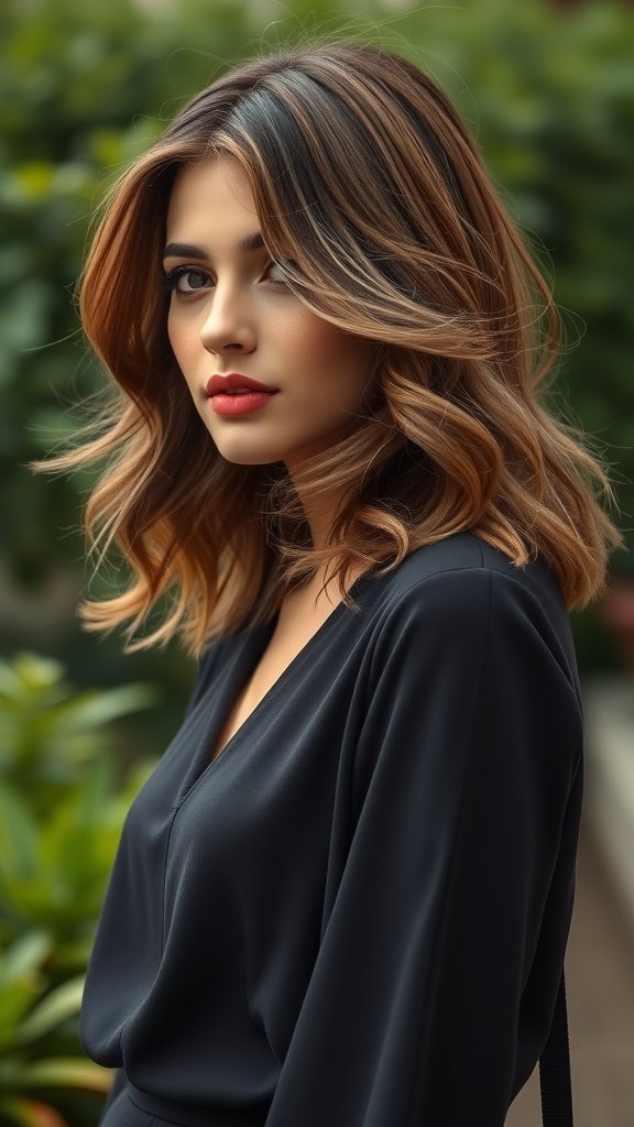 A woman with shoulder-length hair styled in casual waves with a side part, wearing a black outfit and standing in front of greenery.