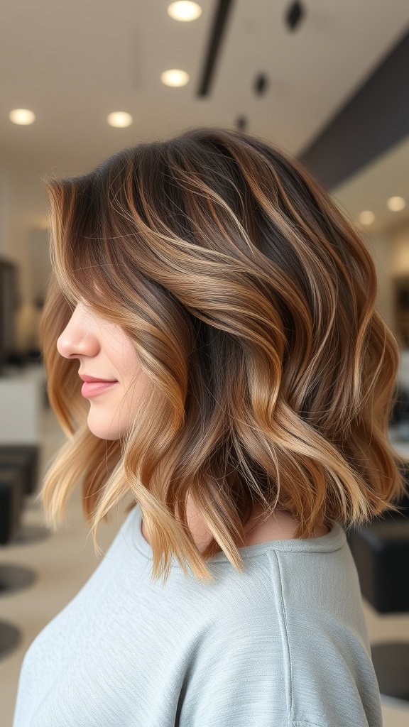 A woman with medium length hair styled in voluminous internal layers, showcasing warm tones and soft waves.