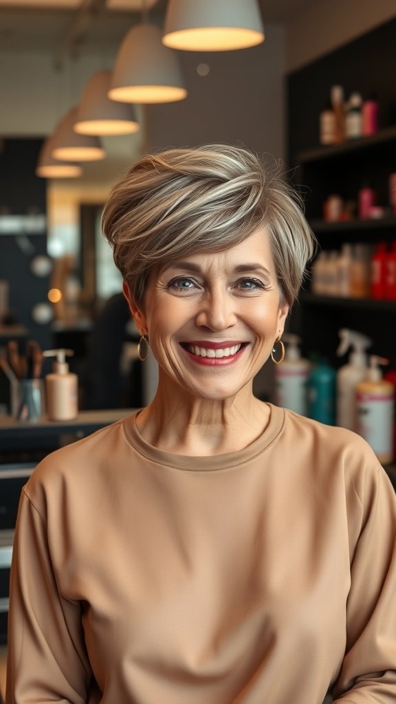 A smiling woman with a tapered pixie hairstyle featuring sculpted waves, wearing a beige top.