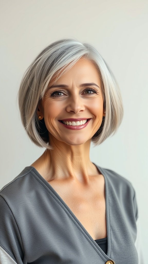 A woman with a jaw length bob hairstyle featuring textured ends, smiling confidently.