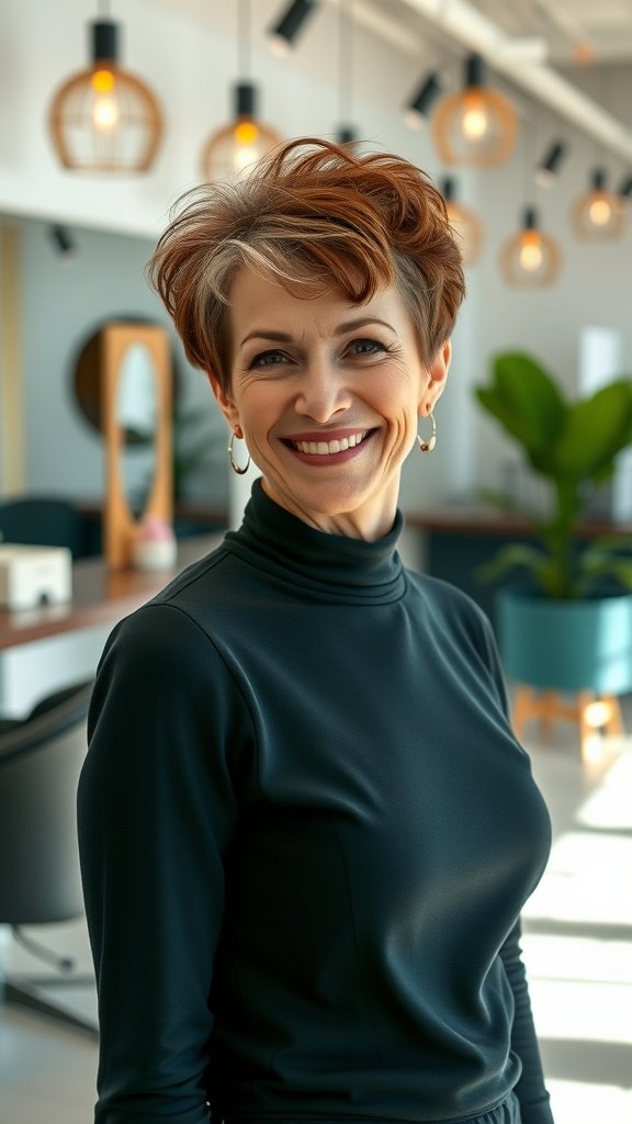A woman with a stylish pixie haircut featuring a voluminous quiff, smiling in a modern salon.