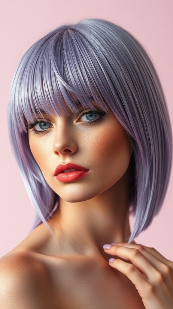 A woman with a sleek lavender bob hairstyle, featuring straight hair and a soft color, against a pink background.