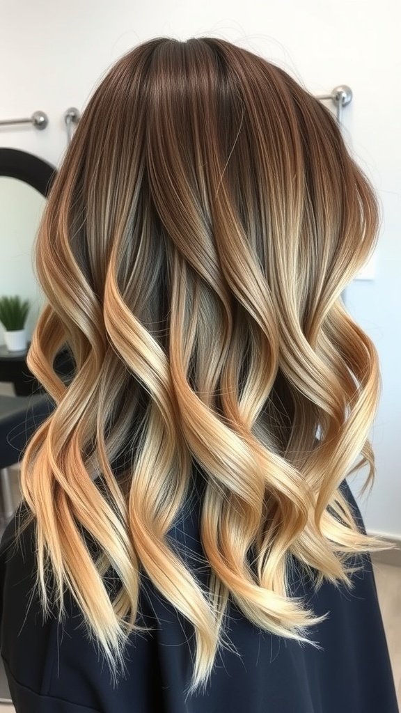 Mid-length layered hairstyle with dark roots and blonde tips, featuring soft waves.