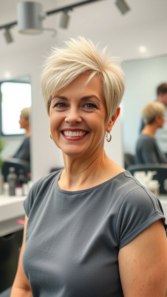 A woman with a spiky pixie haircut and bold highlights, smiling in a salon setting.