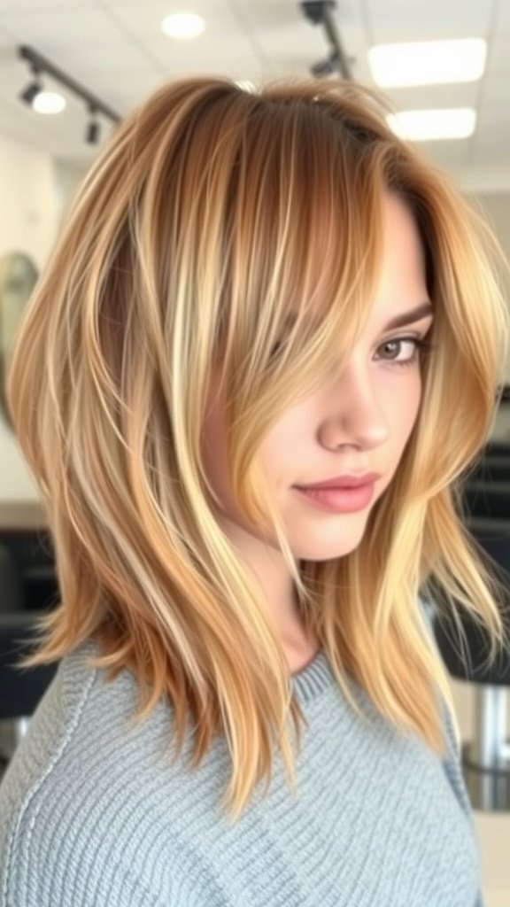 Shoulder-length hairstyle with subtle honey blonde highlights