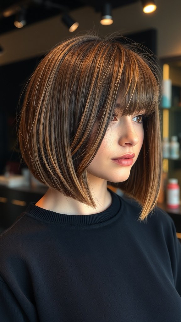 A woman with a blunt medium length bob hairstyle featuring textured ends, showcasing a stylish and modern look.