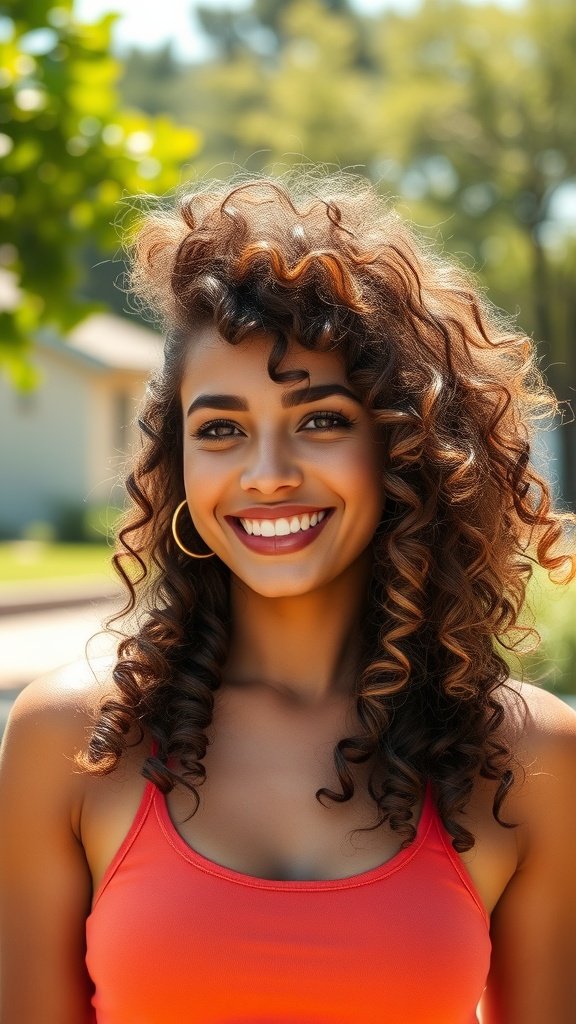 A woman with bouncy voluminous curls smiling outdoors