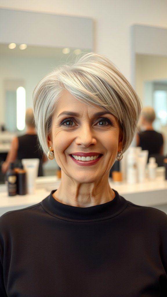 A woman with a stylish pixie cut and long side-swept bangs, smiling in a salon.