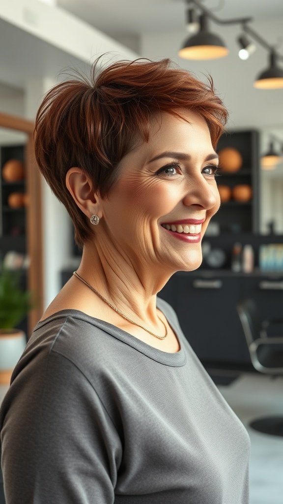A woman with a sassy pixie hairstyle featuring a tapered back, smiling confidently.