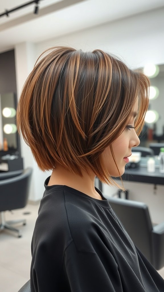 A woman with a tapered layered haircut featuring side bangs, showcasing a modern and stylish look.