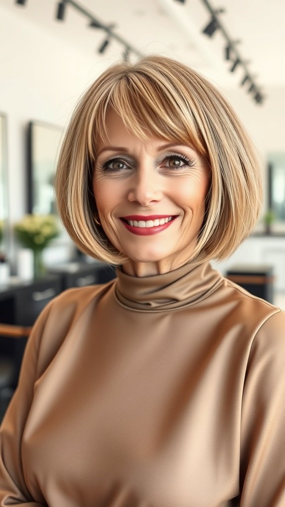 A woman over 50 with a chic bob hairstyle and curtain bangs, smiling confidently.
