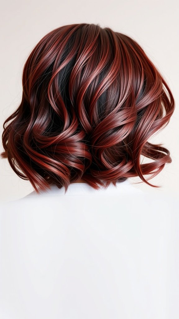 Shoulder-length hairstyle with deep red swirls and soft curls