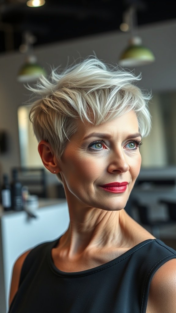 A woman with a stylish pixie haircut featuring spiky texture, showcasing a confident look.