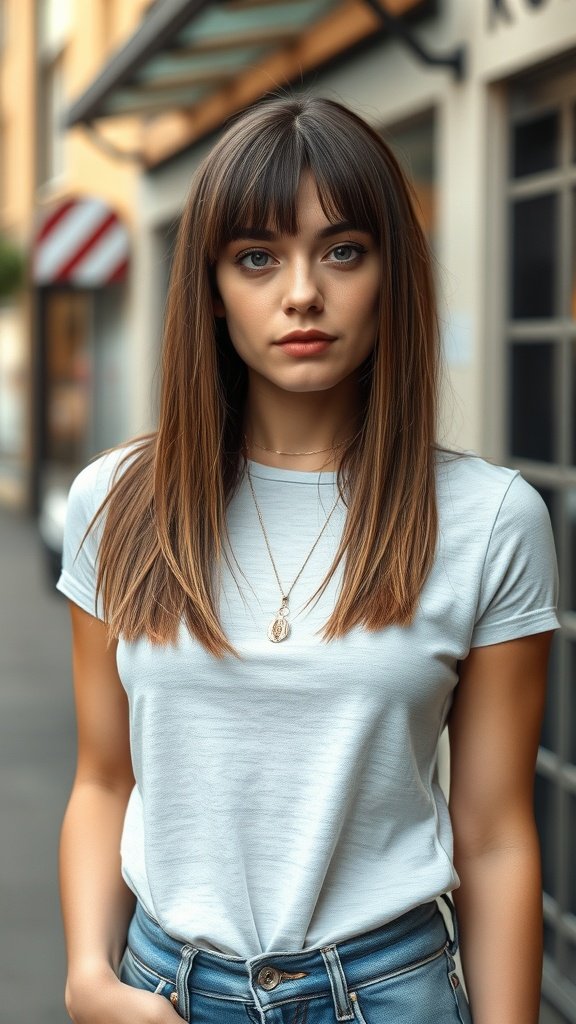 A woman with straight medium-length hair styled in razor cut layers, featuring soft bangs and a casual outfit.