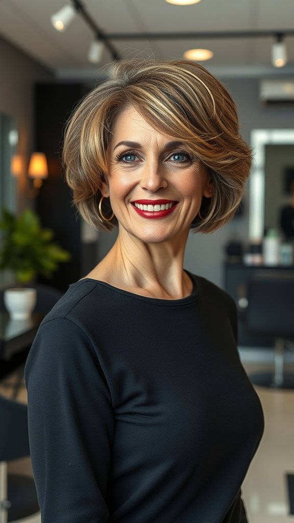 A woman with a short bob haircut styled in tousled waves, smiling confidently.
