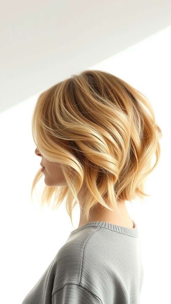 A woman with a textured sandy blonde lob hairstyle, featuring soft waves and a warm color.