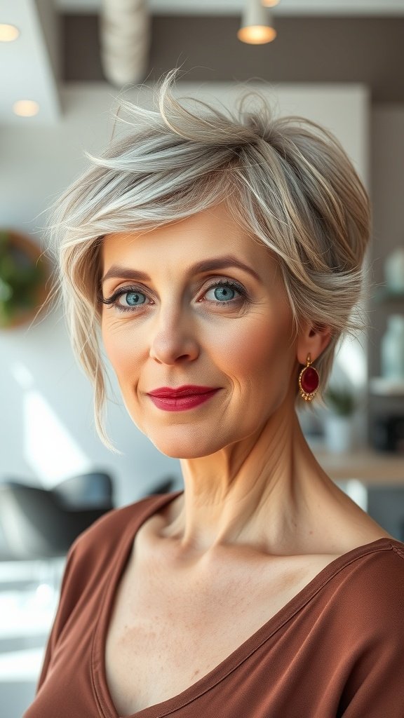 A woman with a wispy layered pixie hairstyle, showcasing a modern and youthful look.