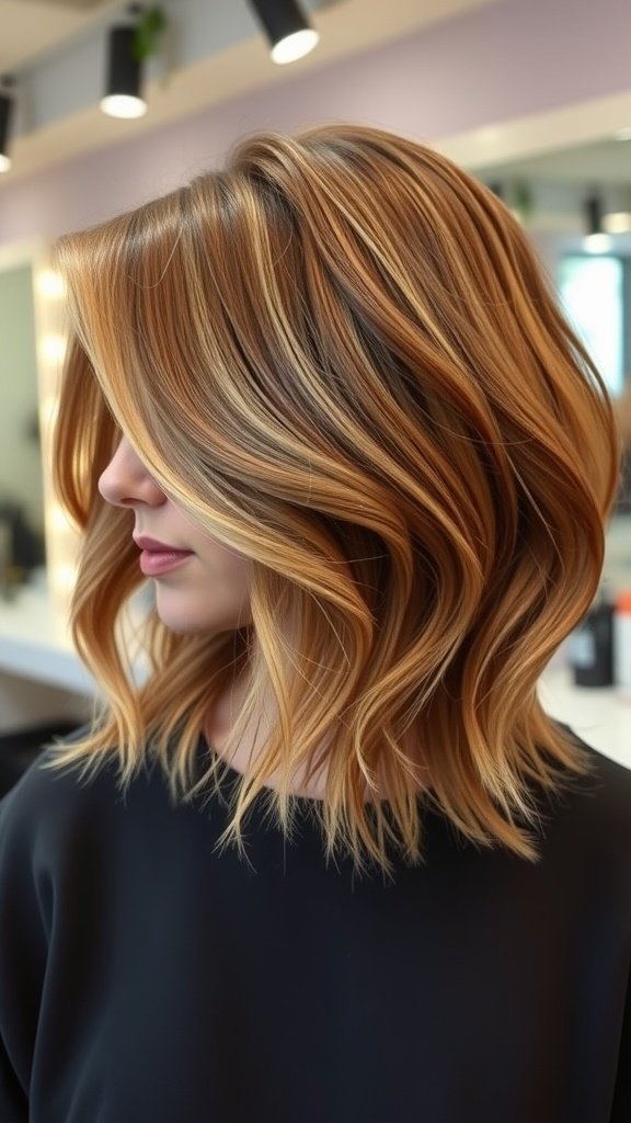 A woman with medium-length layered hair styled in a classic shag with warm honey tones.