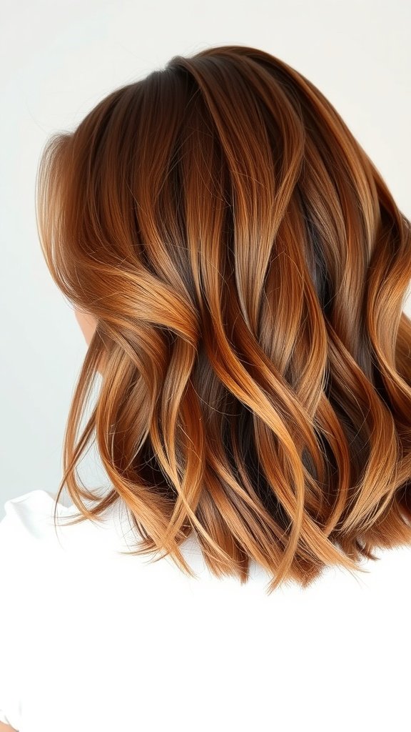 Shoulder-length feathered chestnut layered hairstyle