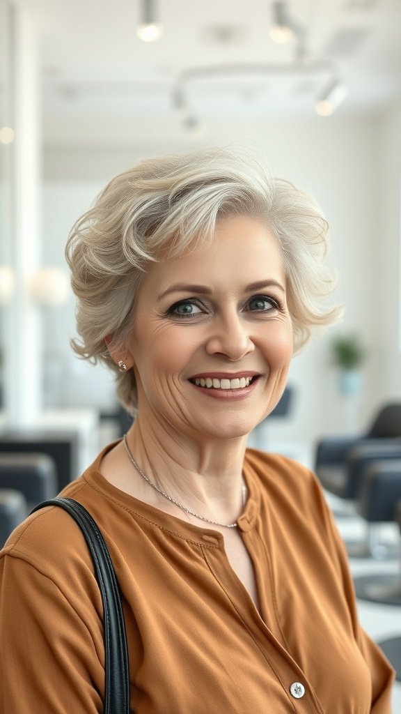 A smiling older woman with a stylish pixie haircut featuring soft curls and a side part, wearing a brown top and a black bag.