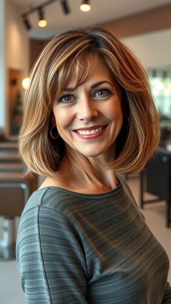 A woman with a rounded bob hairstyle featuring feathered layers, smiling confidently.