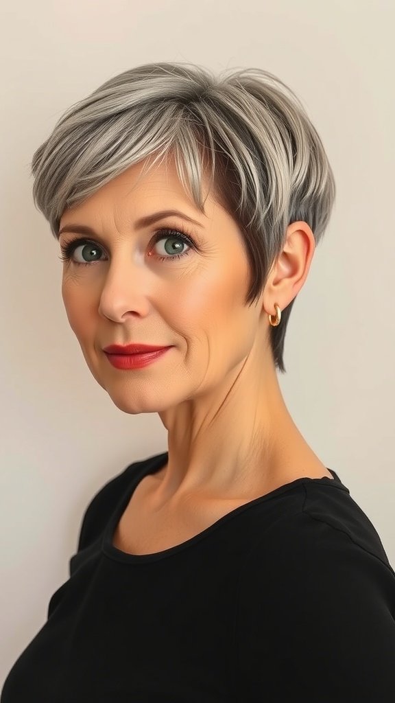 A woman over 50 with a stylish pixie cut and sculpted bangs, wearing a black top and a confident smile.