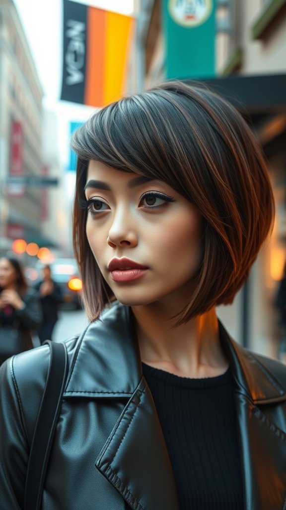 A woman with an angled bob hairstyle featuring a choppy fringe and sleek texture, wearing a black leather jacket.