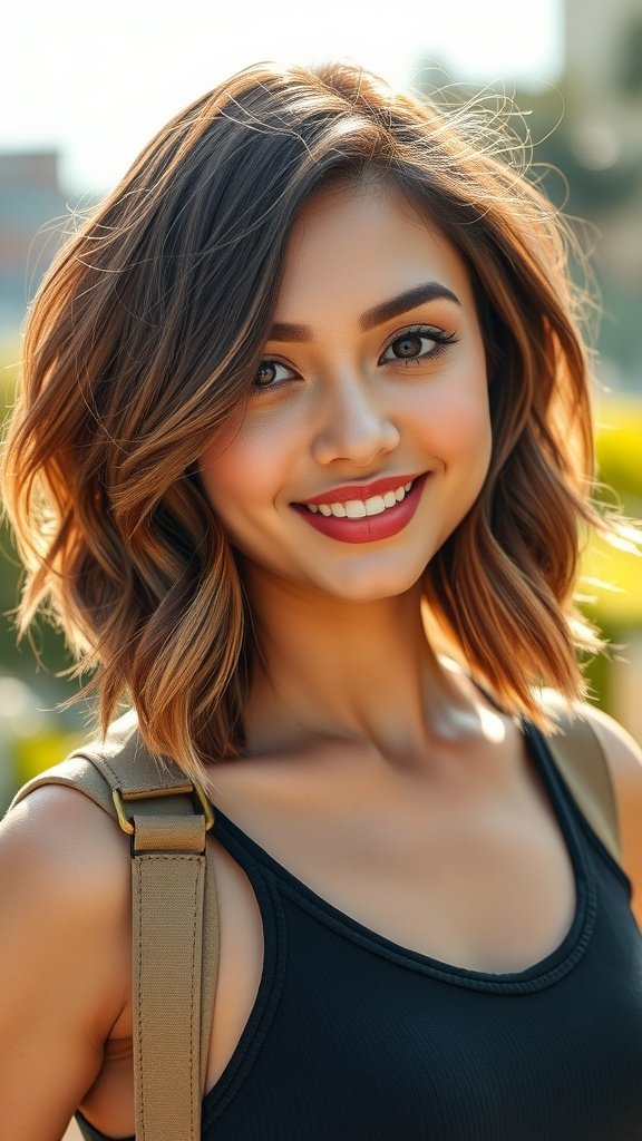 A woman with an angled bob hairstyle and loose curls, smiling outdoors.