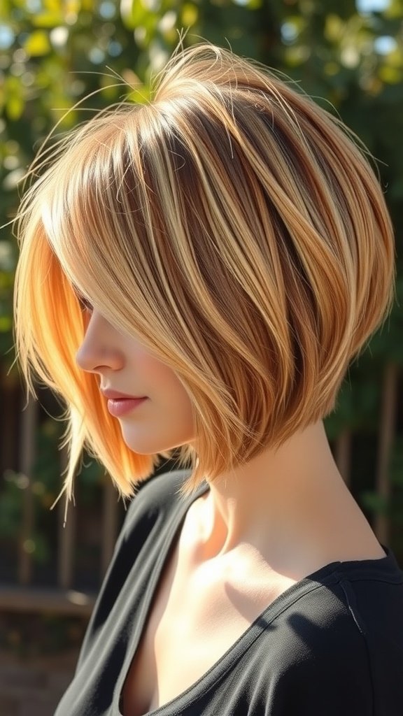 A woman with an angled bob haircut featuring sun-kissed highlights, showcasing a modern and stylish look.