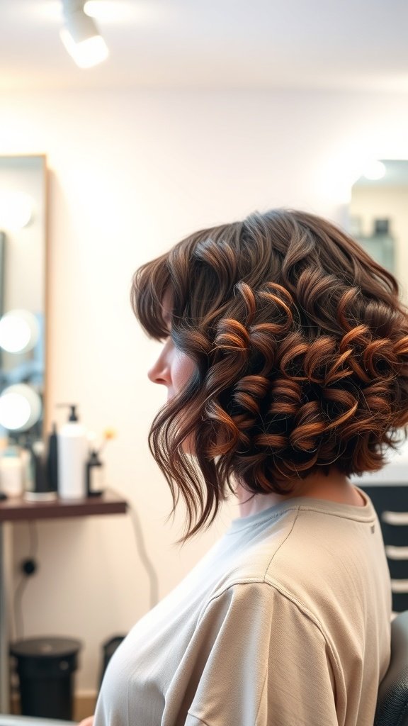 A woman with an angled curly bob hairstyle featuring bangs, showcasing defined curls and a stylish look.