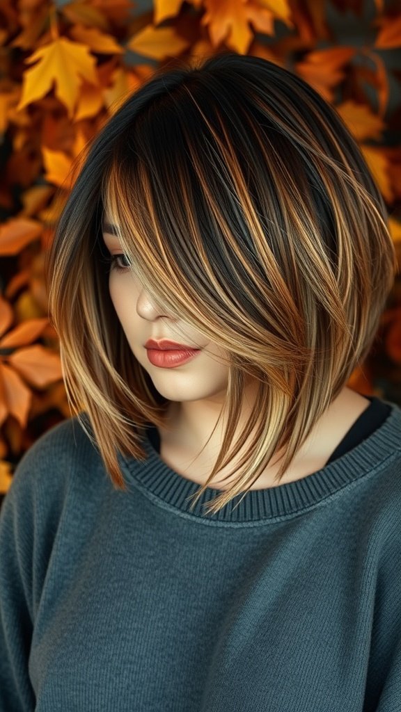 A woman with an asymmetrical bob haircut featuring gradual layers and warm highlights, standing against a backdrop of autumn leaves.