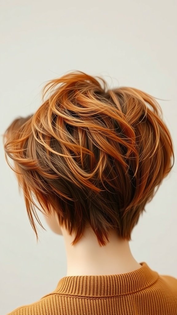 Auburn shaggy pixie cut with wispy ends, showcasing a modern hairstyle.