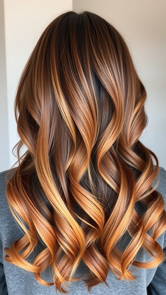 A beautiful balayage hairstyle featuring cinnamon and auburn tones, styled in soft waves.