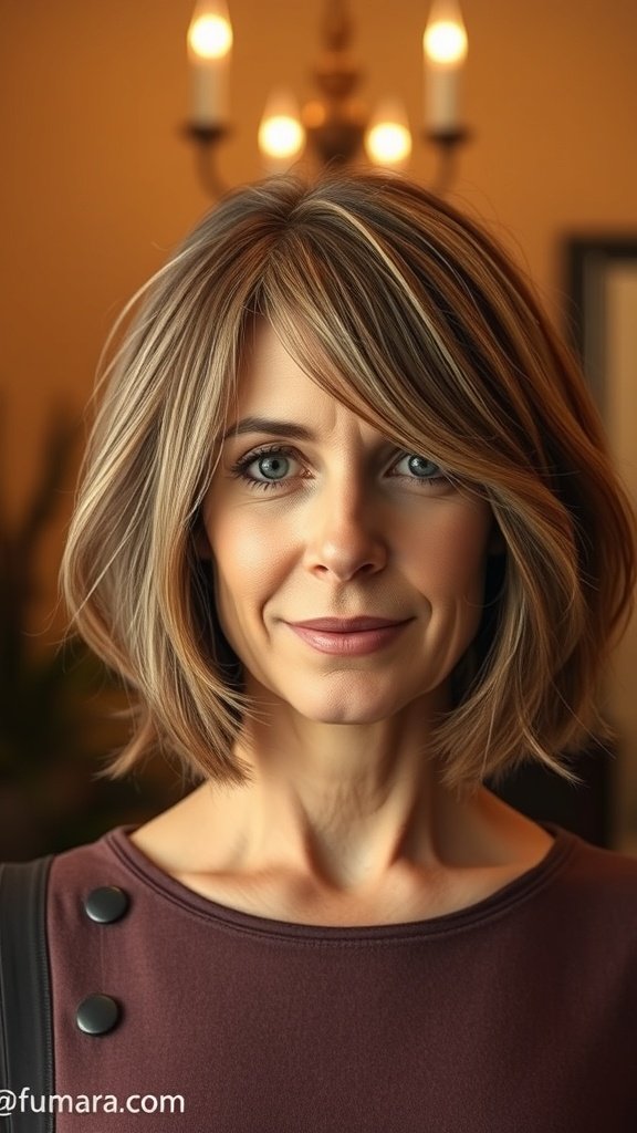 A woman with a blunt lob hairstyle featuring subtle waves, showcasing a modern and stylish look.