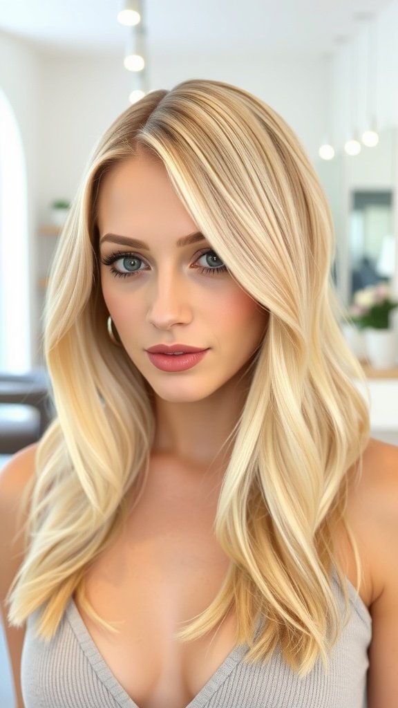 A woman with bold blonde balayage and natural dark roots, styled in soft waves.